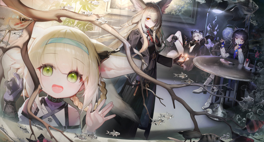 4girls absurdres animal_ears arknights bare_legs black_hair blonde_hair blue_gloves blue_hairband blue_necktie braid braided_hair_rings breasts commentary_request earpiece fingerless_gloves fish fish_tank fox_ears fox_girl fox_tail gloves green_eyes grey_eyes grey_hair hair_rings hairband highres holding holding_pocket_watch infection_monitor_(arknights) korean_commentary lappland_(arknights) lappland_(refined_horrormare)_(arknights) long_hair medium_breasts multiple_girls necktie official_alternate_costume open_mouth orange_eyes pocket_watch red_necktie ribiadan sharp_teeth short_hair sitting suzuran_(arknights) tail teeth texas_(arknights) texas_the_omertosa_(arknights) twin_braids vulpisfoglia_(arknights) watch wolf_ears wolf_girl