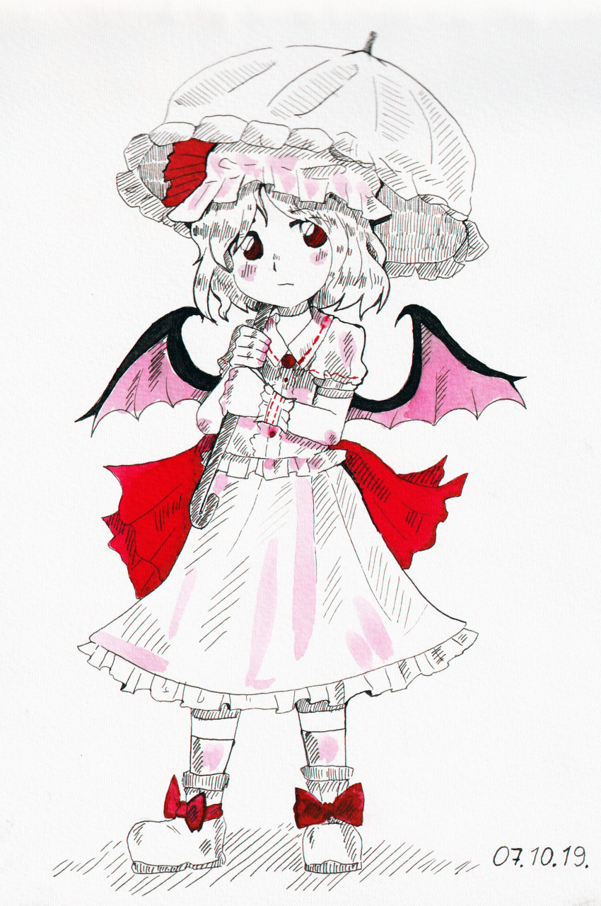 1girl absurdres bat_wings closed_mouth collared_shirt dated dungeon_toaster frilled_shirt frilled_skirt frills highres holding holding_umbrella inktober looking_at_viewer medium_hair remilia_scarlet shirt shoes simple_background skirt socks solo spot_color standing touhou traditional_media umbrella white_background wings