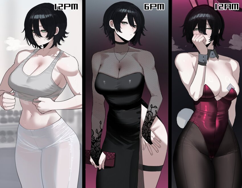 1girl absurdres animal_ears black_dress black_hair black_pantyhose breasts cleavage condom condom_wrapper cowboy_shot detached_collar dress gradient_background green_eyes hair_between_eyes highres leotard midriff multiple_views original pantyhose playboy_bunny rabbit_ears ratatatat74 see-through_clothes see-through_dress short_hair side_slit sports_bra standing wrist_cuffs