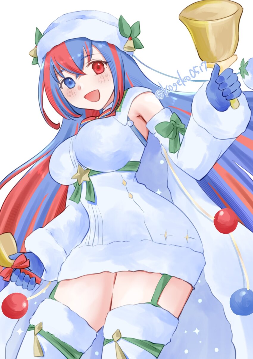 1girl alear_(female)_(fire_emblem) alear_(female)_(gifted_dragons)_(fire_emblem) alear_(fire_emblem) bell blue_eyes blue_gloves blue_hair blush breasts christmas crossed_bangs dress female_focus fire_emblem fire_emblem_engage fire_emblem_heroes fur-trimmed_headwear fur_trim fur_wrist_cuffs gloves hair_between_eyes hat heterochromia highres holding holding_bell kogeko0517 large_breasts matching_hair/eyes multicolored_hair nintendo official_alternate_costume open_mouth red_eyes red_hair smile split-color_hair thighhighs thighs two-tone_hair wrist_cuffs