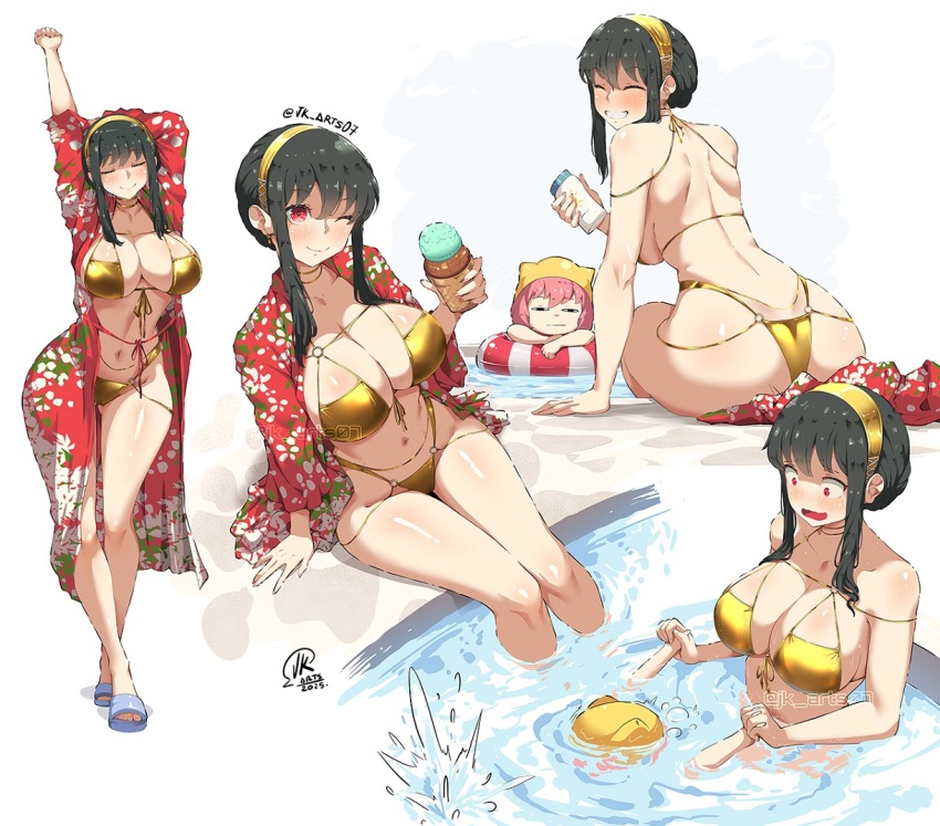 2025 2girls ;) anya_(spy_x_family) arm_behind_head arms_up bikini black_hair blush breasts cleavage closed_eyes collarbone commentary crossed_ankles earrings english_commentary eyepatch_bikini feet food front-tie_bikini_top front-tie_top gold_bikini gold_choker gold_hairband hair_between_eyes hairband highleg highleg_bikini holding holding_food holding_ice_cream ice_cream jewelry jk_arts large_breasts legs long_hair looking_at_viewer multiple_girls multiple_views navel o-ring o-ring_bikini one_eye_closed poolside print_robe red_eyes red_robe robe sandals sidelocks signature sitting smile soaking_feet spy_x_family stomach stretching swimsuit thighs toes toned toned_female twitter_username water yor_briar
