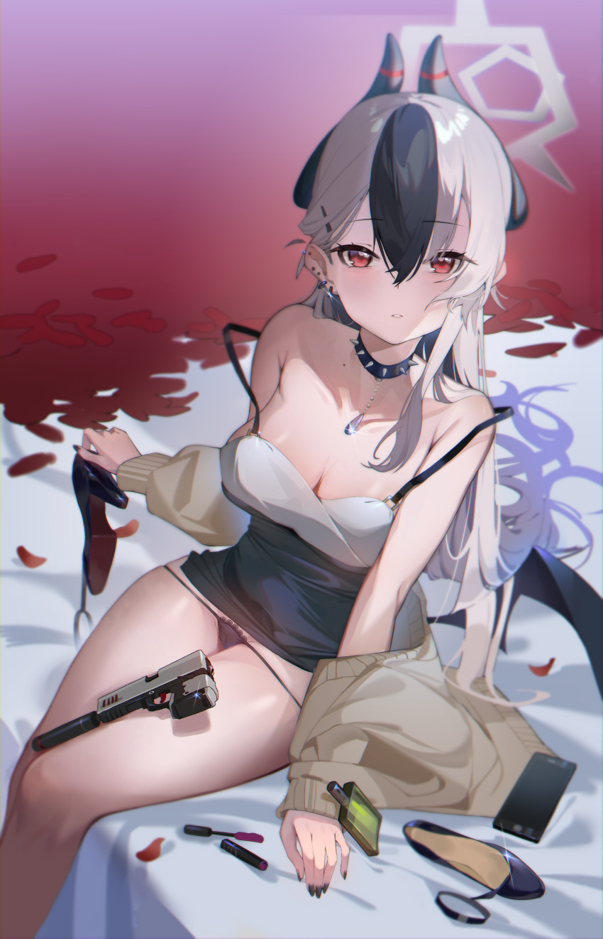 1girl absurdres armpit_crease bare_shoulders black_collar black_dress black_hair black_horns black_nails black_panties black_shoes black_wings blue_archive breasts brown_cardigan cardigan chromatic_aberration cleavage collar collarbone commentary_request demon_girl demon_horns demon_wings dress earrings feet_out_of_frame flask grey_dress gun h&amp;k_p30 hair_behind_ear hair_between_eyes halo handgun highres holding holding_shoes holding_unworn_clothes horns jewelry kayoko_(blue_archive) kayoko_(dress)_(blue_archive) large_breasts long_hair looking_at_viewer low_wings mole mole_on_collarbone multicolored_hair multiple_earrings official_alternate_costume on_bed open_cardigan open_clothes panties panty_pull parted_lips petals phone red_eyes rose_petals shoes shuishi_tidu single_wing sitting sleeveless sleeveless_dress solo spiked_collar spikes strap_slip streaked_hair two-tone_dress two-tone_hair underwear unworn_shoes very_long_hair weapon white_hair white_halo wings
