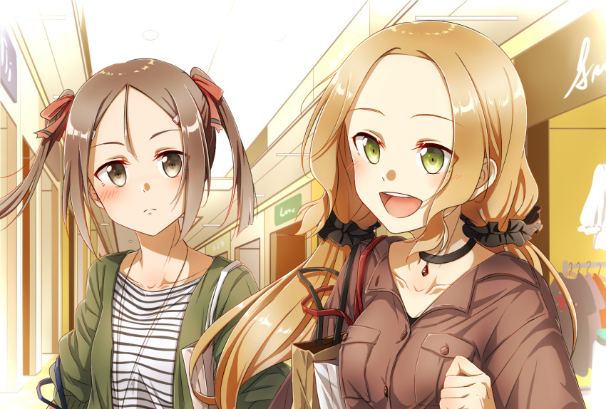 2girls :d black_choker black_scrunchie brown_eyes brown_hair brown_shirt casual choker collarbone dress_shirt eda_udon green_eyes green_jacket hair_ornament hair_scrunchie inubouzaki_fuu jacket low_twintails miyoshi_karin multiple_girls open_clothes open_jacket open_mouth scrunchie shirt smile star_pendant striped_clothes striped_shirt twintails upper_body yuuki_yuuna_wa_yuusha_de_aru yuusha_de_aru