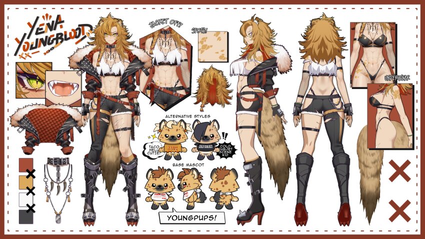 1girl abs absurdres animal_collar asymmetrical_clothes belt bikini black_bikini black_collar black_footwear black_gloves black_jacket black_pants blonde_hair body_markings boots breasts cleavage closed_mouth cluseller collar color_guide crop_top dog_tags eyelashes fangs fingerless_gloves fishnet_sleeves fishnets fur-trimmed_jacket fur_trim gloves green_eyes high_heel_boots high_heels highleg highleg_bikini highres hyena hyena_ears hyena_girl hyena_tail idol_corp jacket jewelry long_hair multiple_views navel necklace o-ring open_clothes open_jacket pants red_belt reference_sheet scar scar_on_leg second-party_source single_pantsleg single_sleeve spiked_footwear spiked_gloves strap_slip swimsuit tank_top thigh_strap torn_clothes torn_pants torn_tank_top virtual_youtuber white_tank_top yena_youngblood yena_youngblood_(1st_costume)