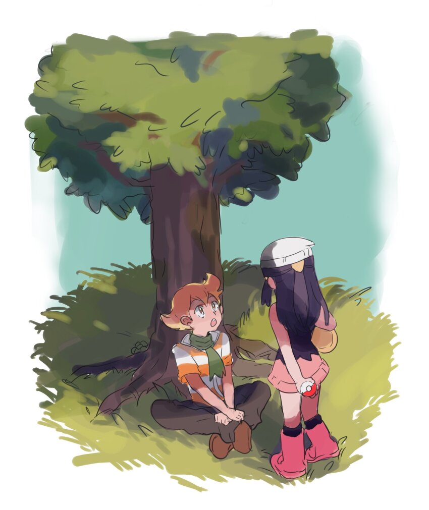 1boy 1girl barry_(pokemon) beanie black_pants black_shirt blonde_hair blue_hair boots brown_footwear dark_blue_hair dawn_(pokemon) grass half_updo hat highres holding holding_poke_ball indian_style long_hair looking_at_another miniskirt nintendo pants pink_boots pink_skirt poke_ball poke_ball_(basic) pokemon pokemon_dppt shichibee_(stm_mimi) shirt shoes short_sleeves sitting skirt standing striped_clothes striped_shirt tree white_hat