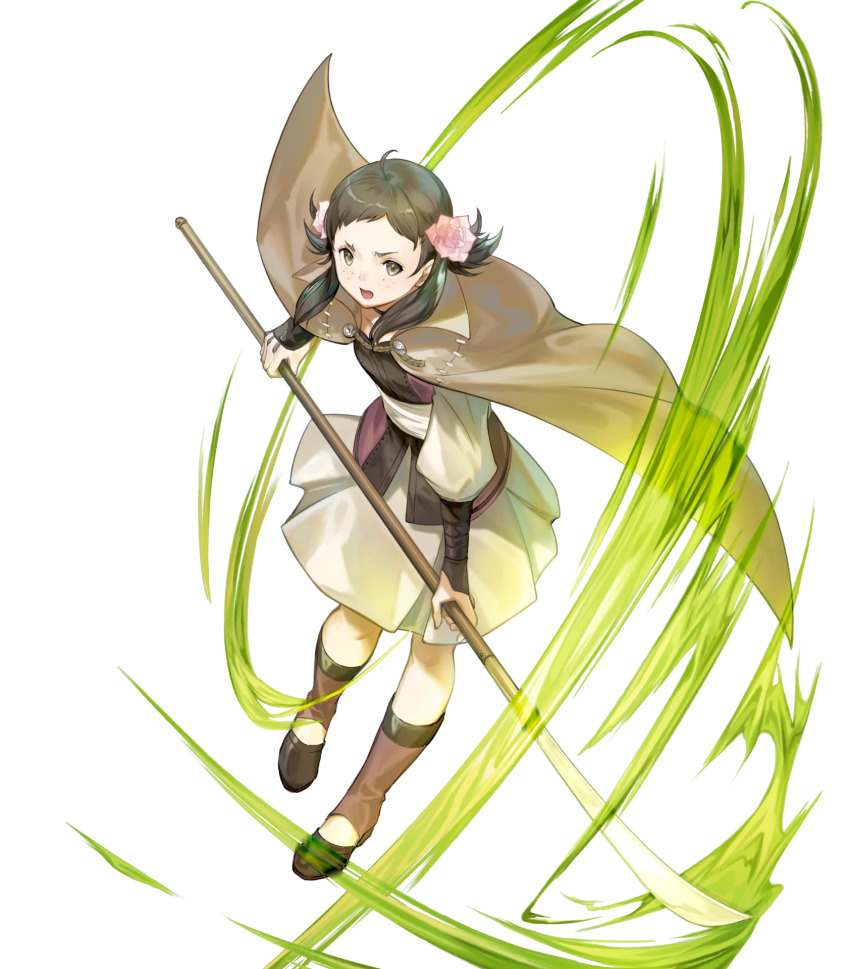 1girl ahoge attack breasts brown_eyes brown_hair cloak fire_emblem fire_emblem_fates fire_emblem_heroes flat_chest flower freckles hair_flower hair_ornament highres holding holding_polearm holding_weapon medium_breasts mozu_(fire_emblem) naginata nintendo non-web_source official_art open_mouth polearm solo v-shaped_eyebrows weapon