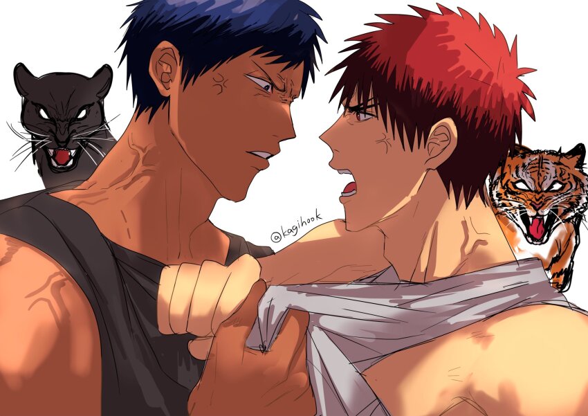 2boys adam&#039;s_apple anger_vein animalization aomine_daiki bare_shoulders black_panther black_shirt blue_eyes blue_hair clothes_grab commentary_request dark-skinned_male dark_skin eye_contact fangs forked_eyebrows highres kagami_taiga kagi_(kagihook) kuroko_no_basuke looking_at_another male_focus multiple_boys open_mouth panther person_and_animalization profile red_hair shirt shirt_grab short_hair simple_background sleeveless sleeveless_shirt teeth tiger tongue twitter_username v-shaped_eyebrows veins veiny_neck whiskers white_background white_shirt