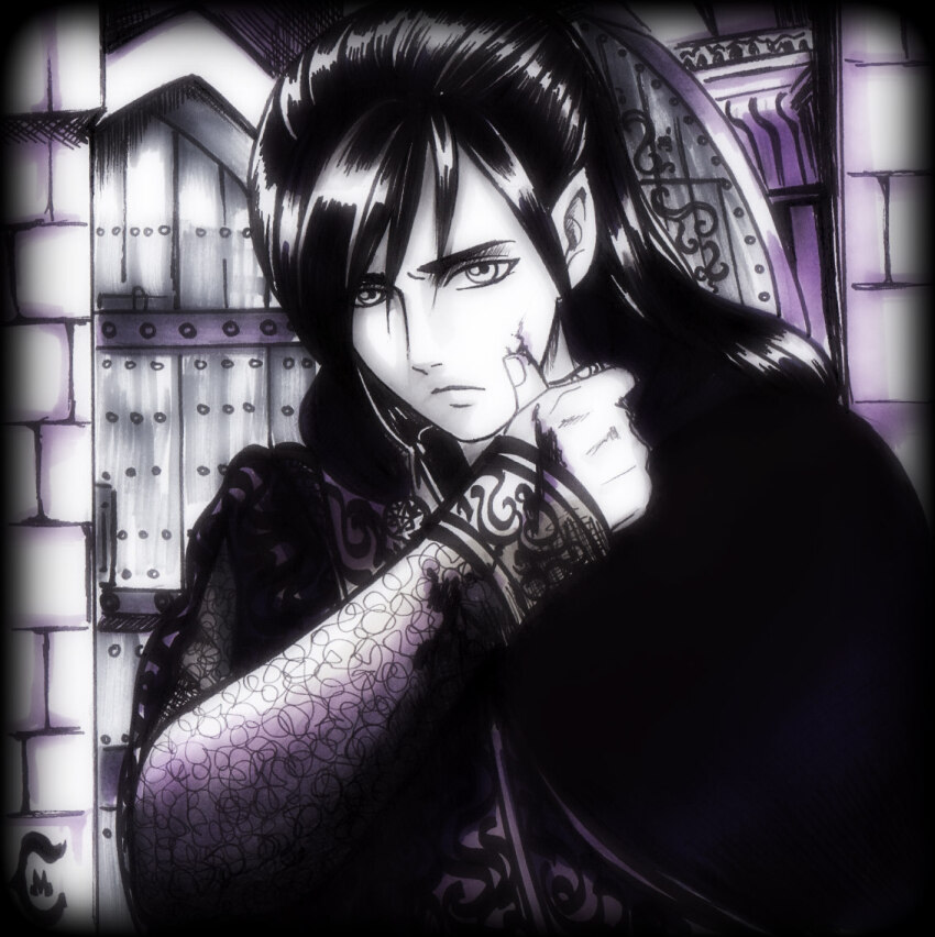 1boy black_hair blood blood_on_clothes blood_on_face blood_on_hands cape caranthir cinemairon closed_mouth door elf hand_on_own_cheek hand_on_own_face looking_at_viewer male_focus monochrome pointy_ears prince solo the_silmarillion tolkien&#039;s_legendarium