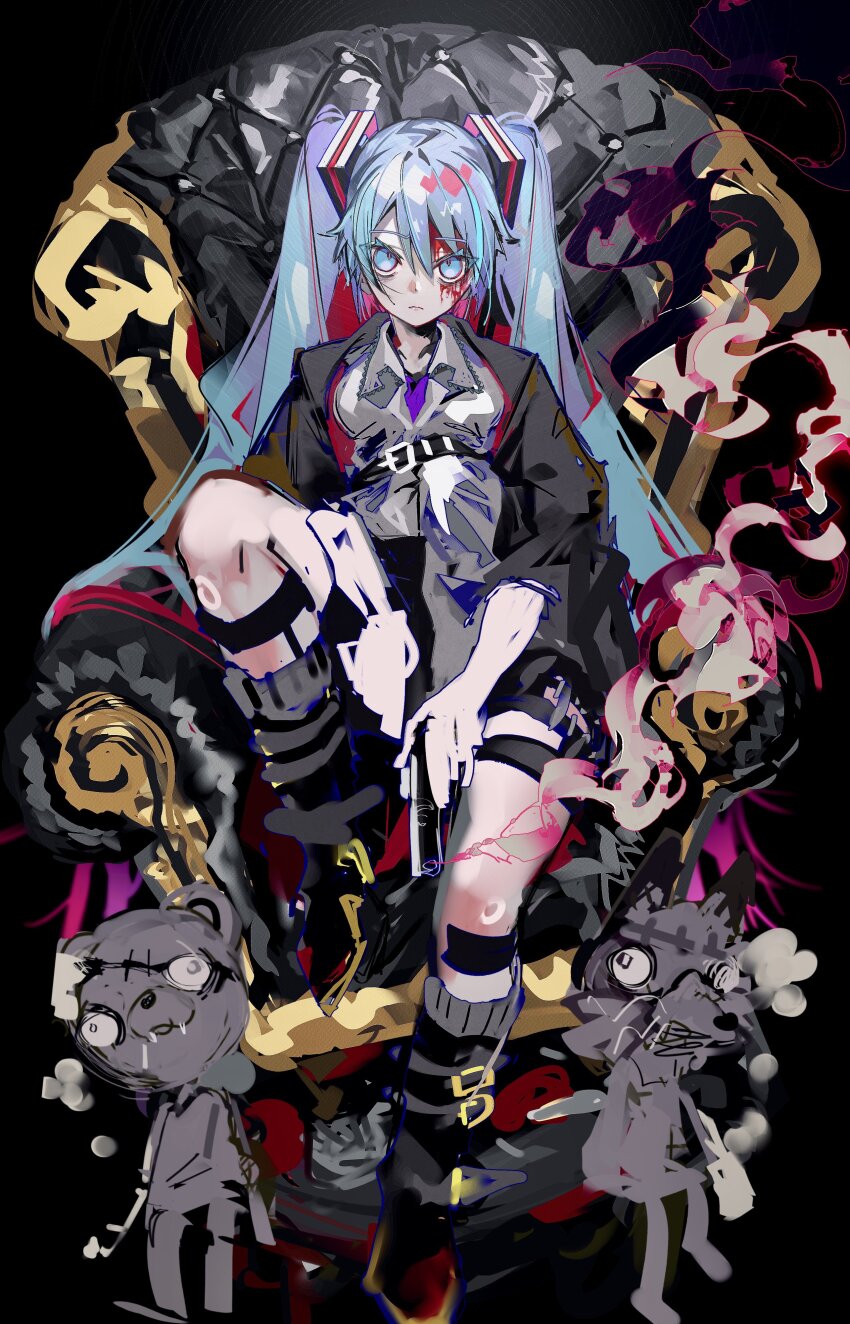 1girl absurdres bad_id bad_twitter_id black_background black_jacket blood blood_on_face blue_eyes blue_hair closed_mouth collared_shirt full_body grey_shirt hair_between_eyes hatsune_miku highres jacket long_hair looking_at_viewer nept_o shirt sitting sitting_on_throne solo stuffed_animal stuffed_toy teddy_bear throne twintails unfinished very_long_hair vocaloid