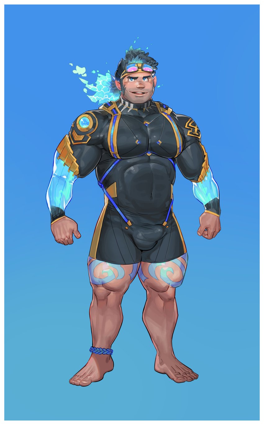 1boy abs absurdres bara beard biceps black_hair black_wetsuit bodysuit bulge chivo_(kalchivo) diving_suit facial_hair goggles highres large_pectorals leg_tattoo male_focus muscular muscular_male original pectorals ponytail sideburns skin_tight smile solo stubble swim_goggles swimsuit tattoo thick_thighs thighs tight_clothes wetsuit