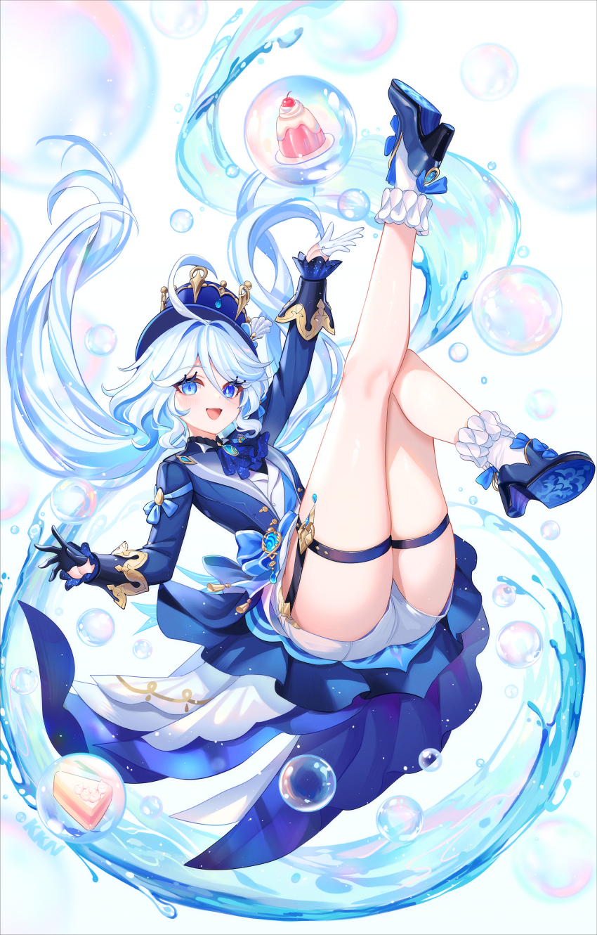 1girl absurdres ahoge bare_legs black_gloves blue_eyes blue_footwear blue_hair blue_hat blue_vest bubble cake food furina_(genshin_impact) genshin_impact gloves hat heterochromia highres lalazyt leg_up legs light_blue_hair long_hair open_mouth short_shorts shorts smile solo thigh_strap vest vision_(genshin_impact) white_gloves white_shorts