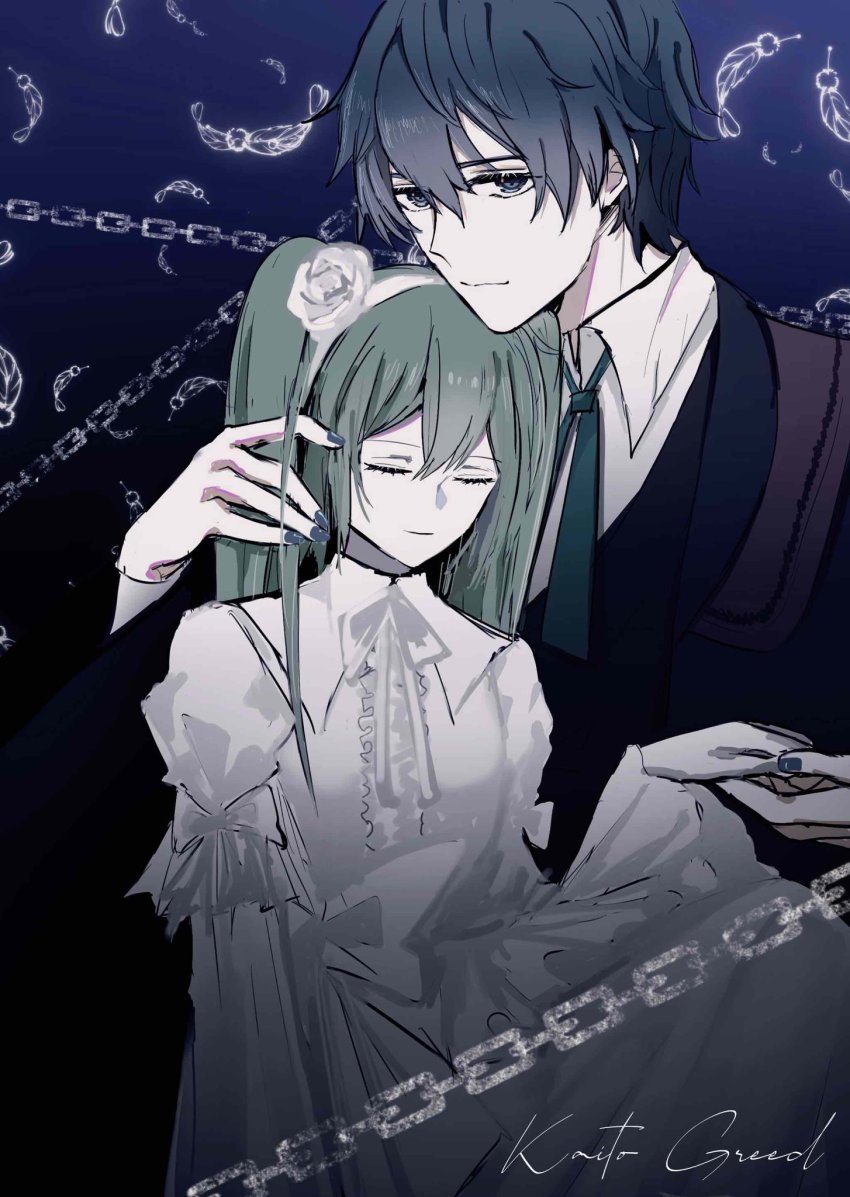akutoku_no_judgement_(vocaloid) blue_eyes blue_hair chain dress evillious_nendaiki closed_eyes father_and_daughter feathers flower gallerian_marlon hair_flower hair_ornament hakoniwa_no_shoujo_(vocaloid) hatsune_miku highres holding_hands kaito_(vocaloid) libertyp39 michelle_marlon parent_and_child twintails vocaloid