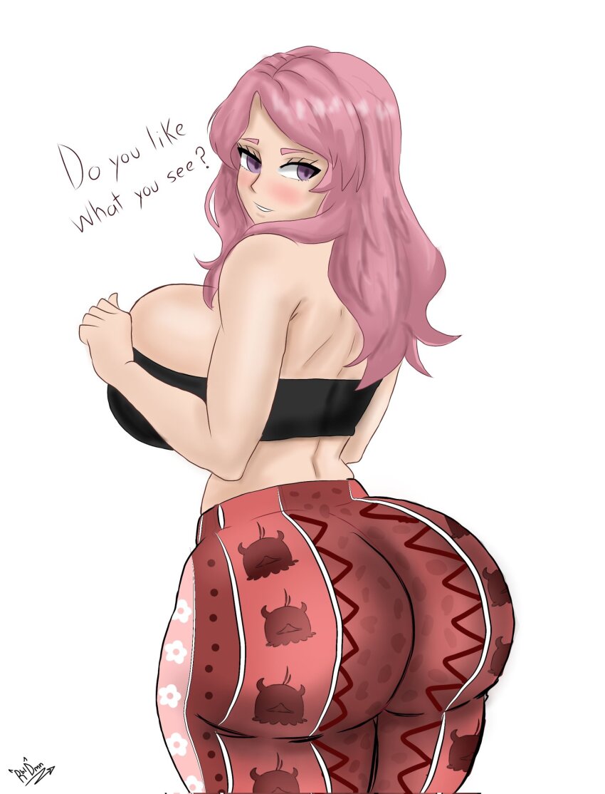 1girl alternate_costume ass bell-bottoms black_clover black_tube_top breasts english_text forbidden_pants highres huge_ass huge_breasts looking_at_viewer looking_back meme_attire pants pink_hair print_pants purple_eyes simple_background solo strapless therebeldemon tube_top vanessa_enoteca white_background