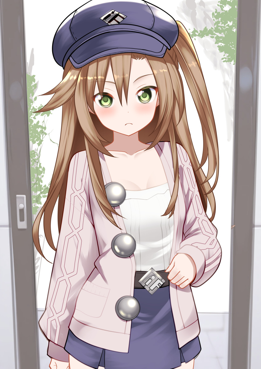 1girl absurdres belt_buckle blush breasts brown_hair buckle cardigan closed_mouth flat_chest green_eyes hair_between_eyes hat highres if_(neptunia) jacket long_hair long_sleeves looking_at_viewer neptune_(series) shirt skirt small_breasts solo xueli_shimazaki