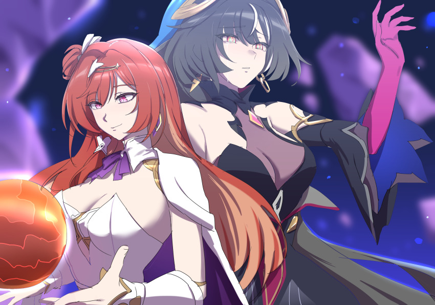2girls absurdres bare_shoulders black_dress breasts commentary_request detached_sleeves dress entropy_(honkai_impact) entropy_(honkai_impact_3rd) female_dreamseeker_(honkai_impact) hand_up highres holding_planet honkai_(series) honkai_impact_3rd kame_(addlechicken) large_breasts long_hair multicolored_eyes multiple_girls one_side_up red_hair senadina_(cocoon_of_unwoven) senadina smile spoilers white_dress