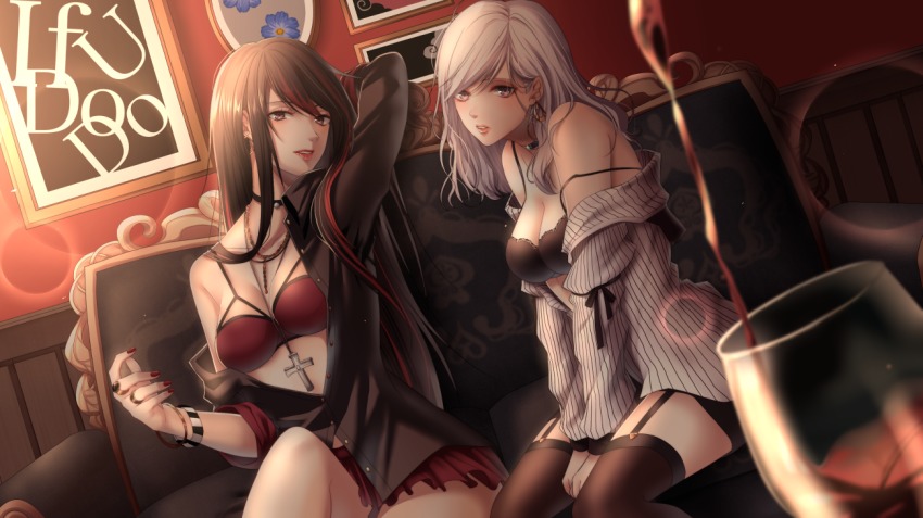 2girls alcohol black_bra black_eyes black_hair black_legwear black_shirt blurry blush bra bracelet breasts cleavage collar couch cross cross_necklace cup depth_of_field drinking_glass garter_straps grey_eyes ifuudoudou_(vocaloid) indie_utaite indoors jewelry long_hair looking_at_viewer maka medium_breasts miniskirt multicolored_hair multiple_girls nail_polish necklace off_shoulder open_clothes open_shirt original painting_(object) parted_lips pouring red_bra red_eyes red_nails red_skirt shirt silver_hair sitting skirt song_name strap_slip striped_clothes striped_shirt studded_collar thighhighs two-tone_hair underwear v_arms vertical-striped_clothes vertical-striped_shirt very_long_hair vocaloid wine wine_glass