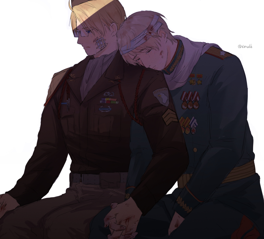 2boys ahoge america_(hetalia) artist_name ascot axis_powers_hetalia bandaged_head bandages bandaid bandaid_on_face belt black-framed_eyewear blonde_hair blood blood_on_face blood_on_hands bloody_bandages blue_eyes breast_pocket brown_hat brown_jacket brown_pants buttons closed_eyes closed_mouth commentary_request crying crying_with_eyes_open fingernails glasses green_jacket green_pants grey_ascot grey_shirt hat head_on_another&#039;s_shoulder highres holding_hands injury jacket lapels long_sleeves looking_to_the_side male_focus medal military_hat military_jacket military_uniform multiple_boys oinu66 pants pocket russia_(hetalia) scarf semi-rimless_eyewear shirt short_hair simple_background sitting star_(symbol) star_ornament tears white_background white_scarf yaoi yellow_belt