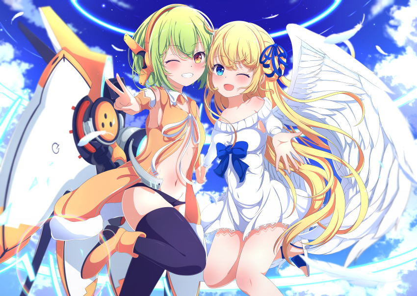 2girls ;d absurdres angel angel_wings bare_shoulders blonde_hair blue_eyes blue_ribbon blue_sky blush chunithm cloud day dress feathered_wings feathers green_hair hair_ribbon highres lida_vv long_hair long_sleeves looking_at_viewer love_&amp;_justice multiple_girls navel one_eye_closed open_mouth outdoors red_eyes ribbon short_hair single_wing sky sky_feather_(chunithm) smile thighhighs very_long_hair white_dress white_feathers white_wings wings