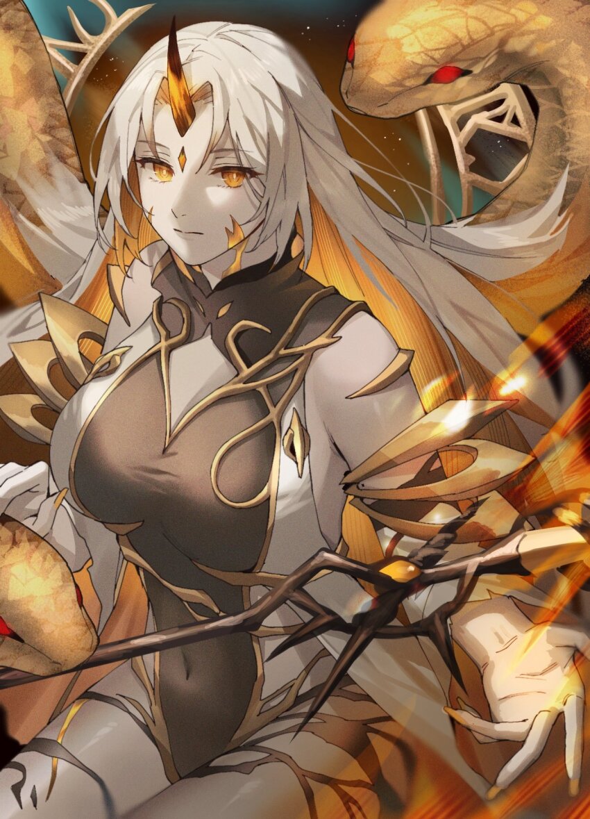 1girl ai_tkkm bare_shoulders blonde_hair breasts closed_mouth colored_inner_hair commentary covered_navel expressionless facial_mark fingernails fire_emblem fire_emblem_heroes grey_hair gullveig_(fire_emblem) highres horns long_hair looking_at_viewer magic medium_breasts multicolored_hair nintendo pale_skin parted_bangs single_horn snake snake_hair solo staff thighs two-tone_hair very_long_hair yellow_eyes yellow_nails