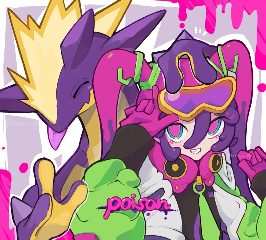1girl adjusting_eyewear closed_eyes commentary english_text gen_8_pokemon gloves goggles goggles_on_head hand_on_another&#039;s_head hand_on_eyewear hatsune_miku headphones headphones_around_neck highres lemodo long_hair nintendo pink_gloves pink_hair poison_miku_(project_voltage) pokemon project_voltage purple_hair smile symbol-only_commentary tongue tongue_out toxtricity toxtricity_(amped) twintails vocaloid