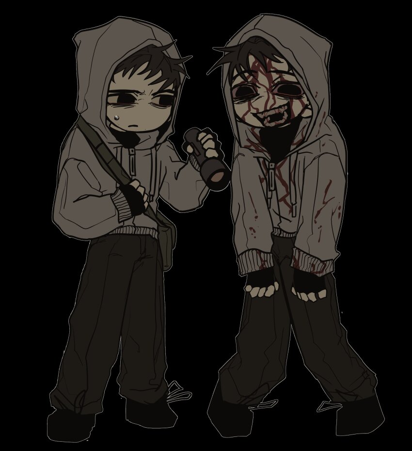 2boys absurdres bag black_background black_gloves black_hair black_shirt blood blood_from_forehead blood_on_arm blood_on_clothes bloodshot_eyes cry_of_fear dual_persona fingerless_gloves flashlight gloves grey_hoodie highres holding holding_flashlight holding_strap hood hood_up hoodie ju-san knees_together_feet_apart light_frown looking_at_another looking_at_viewer male_focus multiple_boys open_mouth outline sharp_teeth shirt shoulder_bag simon_henriksson simon_henriksson_(book) sweatdrop teeth white_outline