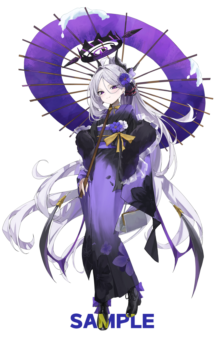 1girl absurdres ahoge alternate_costume black_boots blue_archive boots commentary_request flower full_body grey_hair hair_flower hair_ornament highres hina_(blue_archive) holding holding_umbrella japanese_clothes kimono long_hair long_sleeves looking_at_viewer purple_eyes purple_kimono rosu_1109 sample_watermark simple_background standing umbrella very_long_hair watermark white_background