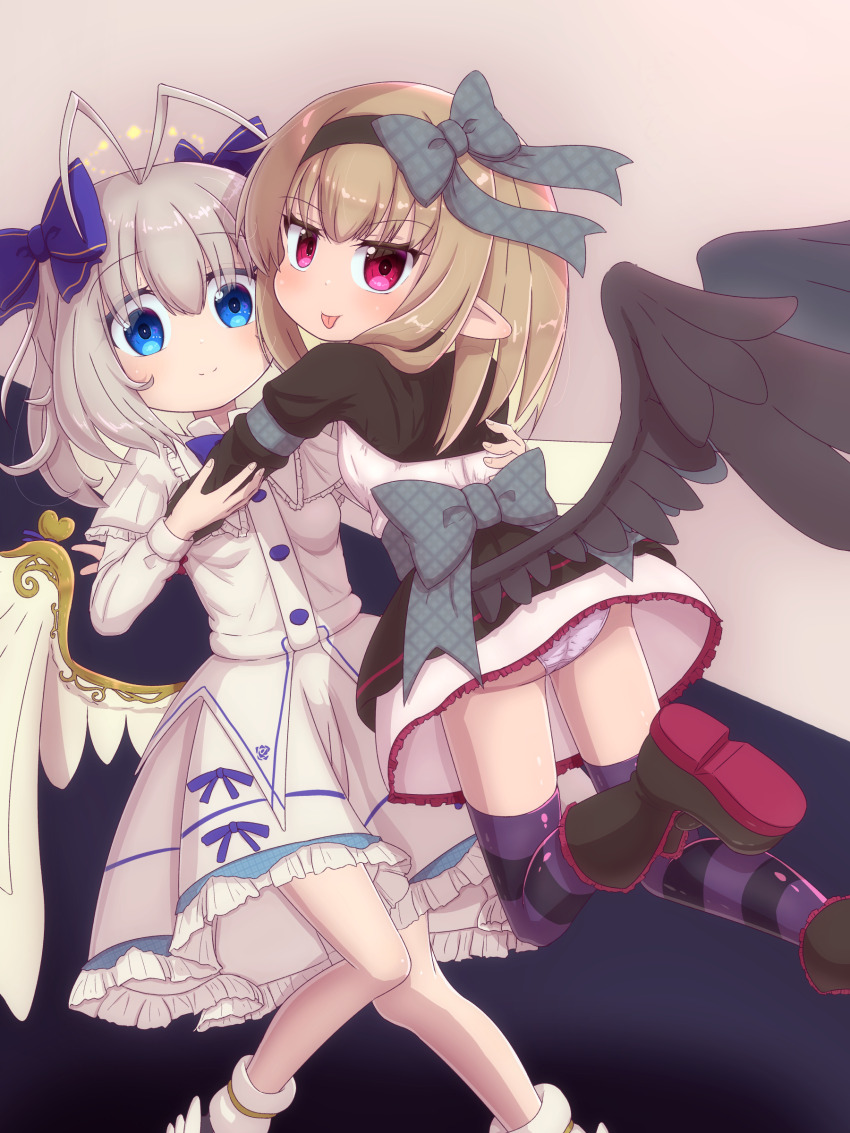 2girls :p absurdres angel_feather_alma antenna_hair black_boots black_dress black_ribbon black_wings blonde_hair blue_eyes blue_ribbon boots dark_feather_alma dress emil_chronicle_online hair_ribbon highres loli multiple_girls panties pantyshot pink_panties pointy_ears purple_thighhighs red_eyes ribbon rna0 striped_clothes striped_panties striped_thighhighs thighhighs tongue tongue_out underwear white_boots white_dress white_hair white_wings wings