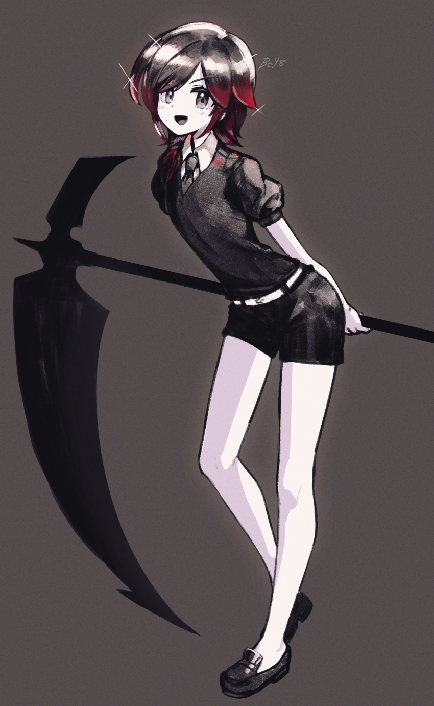 1girl :d absurdres arms_behind_back artist_name bc98_48280 belt black_boots black_hair black_necktie black_shirt black_shorts boots collared_shirt colored_tips commentary_request eyelashes flat_chest full_body gem_uniform_(houseki_no_kuni) grey_background grey_eyes grey_hair highres holding holding_behind_back holding_scythe houseki_no_kuni layered_shirt leaning_forward loafers looking_at_viewer medium_hair monochrome multicolored_hair necktie open_mouth red_hair ruby_rose rwby scythe shirt shoes short_shorts short_sleeves shorts simple_background smile solo sparkle spot_color white_belt white_shirt