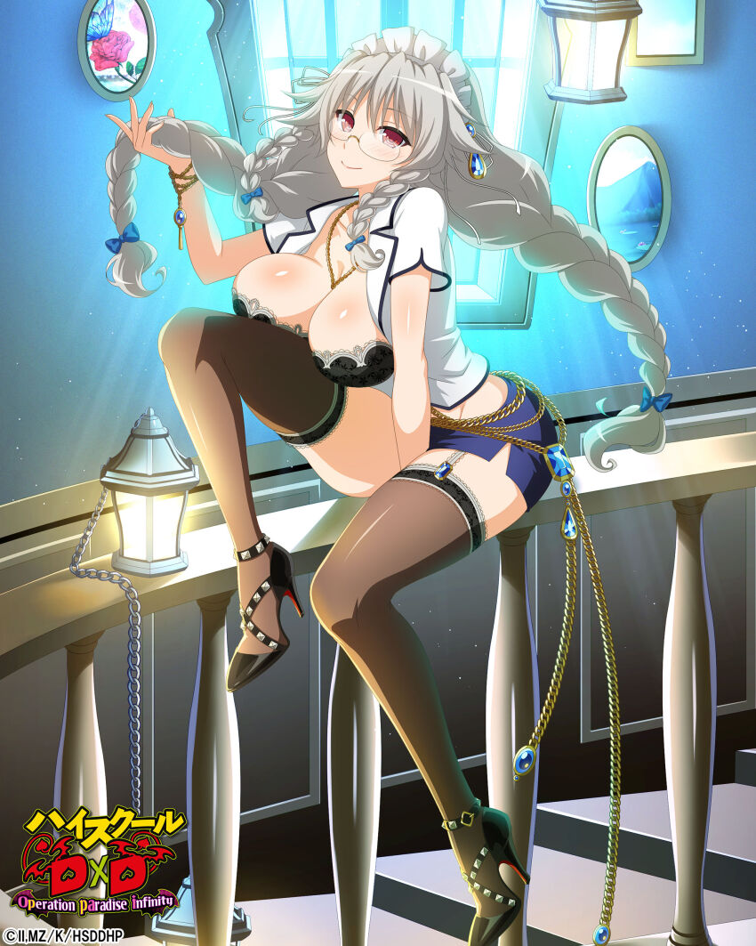 1girl absurdres black_bra black_shoes black_thighhighs blue_bow blue_skirt blush bow bra braid breasts cleavage copyright_name female_focus frilled_bra frills garter_straps glasses grayfia_lucifuge grey_hair hair_bow high_heels high_school_dxd high_school_dxd_hero high_school_dxd_operation_paradise_infinity highres indoors large_breasts long_hair looking_at_viewer maid_headdress miniskirt official_alternate_costume official_art open_clothes open_shirt patent_heels pumps purple_eyes red_soles semi-rimless_eyewear shirt shoes skirt smile solo stiletto_heels thighhighs twin_braids under-rim_eyewear underwear white_shirt