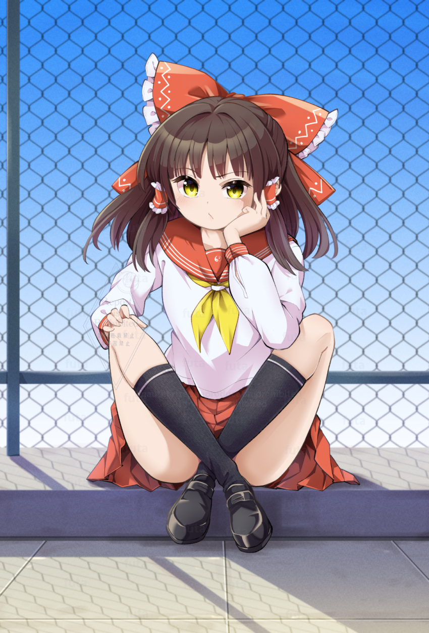 1girl alternate_costume black_socks bow brown_hair chain-link_fence closed_mouth commentary_request fence frilled_bow frilled_hair_tubes frills futa_(nabezoko) hair_bow hair_tubes hakurei_reimu hand_on_own_cheek hand_on_own_face highres kneehighs loafers long_hair neckerchief pleated_skirt red_bow red_sailor_collar red_skirt sailor_collar sailor_shirt school_uniform serafuku shadow shirt shoes sitting skirt socks solo touhou watermark white_shirt yellow_eyes yellow_neckerchief yin_yang yin_yang_print