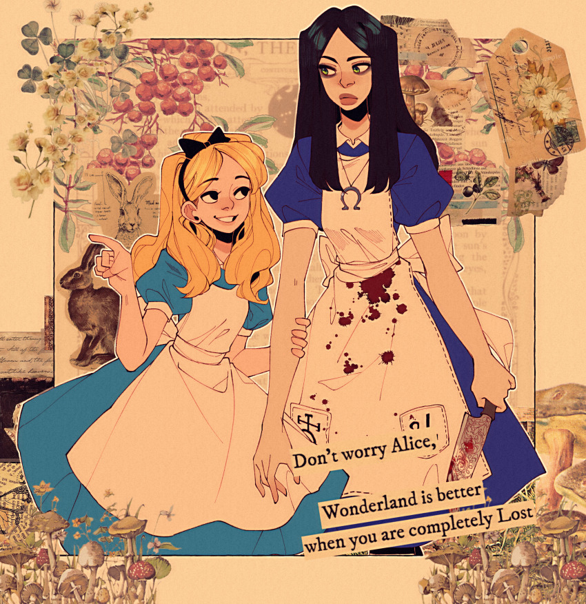 2girls absurdres alice_(alice_in_wonderland) alice_liddell_(american_mcgee&#039;s_alice) american_mcgee&#039;s_alice apron bad_id bad_tumblr_id berry black_bow black_eyes black_hair black_hairband black_ribbon blonde_hair blood blood_on_clothes blood_splatter bloody_knife blue_dress blush border bow clover commentary dress dual_persona english_commentary english_text eye_contact green_eyes hair_bow hair_over_shoulder hair_ribbon hairband hand_on_another&#039;s_arm hand_up height_difference highres holding_another&#039;s_arm jewelry jupiter_symbol knife lips long_hair looking_at_another looking_down looking_to_the_side multiple_girls mushroom necklace nose nose_blush omega_symbol outline outside_border parted_hair pendant pink_lips pixie_(milkywaypixies) pointing rabbit ribbon side-by-side standing tag uranus_symbol white_apron white_border white_outline