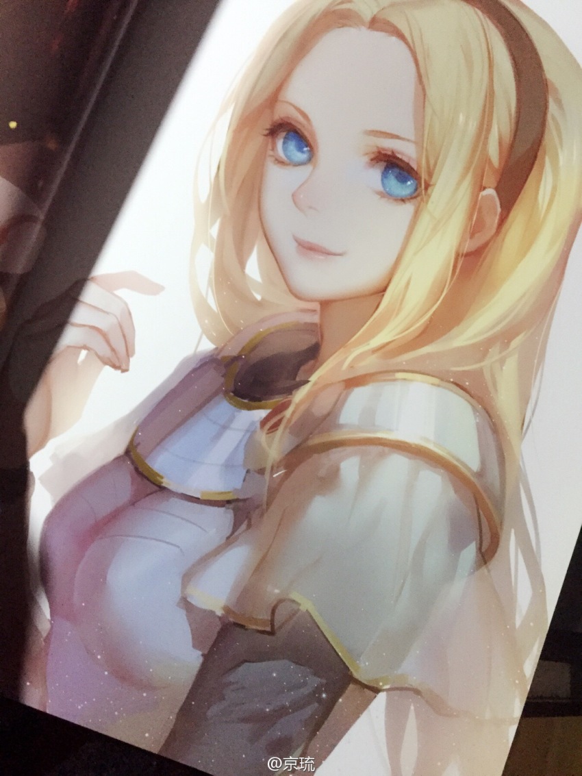 1girl armor ask_(askzy) black_shirt blonde_hair blue_eyes gauze_on_arm headband highres league_of_legends long_hair lux_(league_of_legends) shirt smile white_background