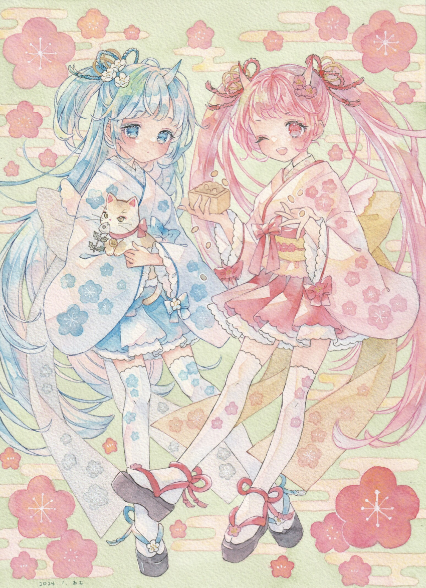 2girls ;d amu_(m_aa) animal back_bow beans blue_hair blue_hakama blue_horns bow cat closed_mouth commentary dated expressionless fang floral_print full_body geta hakama hakama_short_skirt hakama_skirt highres holding holding_animal holding_cat horns japanese_clothes kimono long_hair multiple_girls one_eye_closed one_side_up oni open_mouth original painting_(medium) pink_eyes pink_hair pink_hakama pink_horns pink_kimono sash setsubun signature skirt smile thighhighs traditional_media twintails very_long_hair watercolor_(medium) white_kimono white_thighhighs yellow_bow yellow_sash