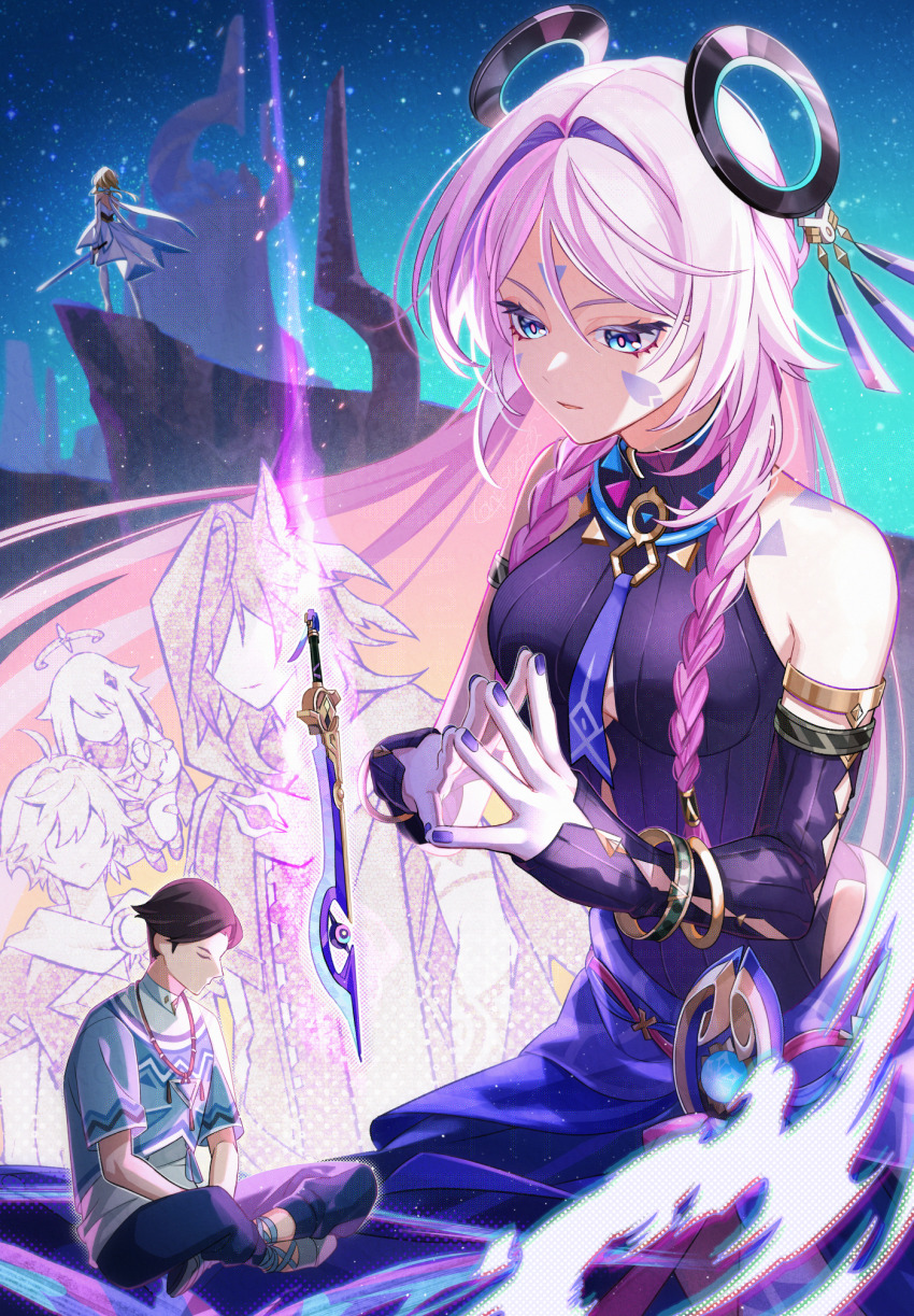 3boys 3girls aether_(genshin_impact) ahoge animal_ears armlet bare_shoulders bat_ears blonde_hair blue_eyes blue_pants blue_shirt bracelet braid breasts brother_and_sister brown_hair calamity_of_eshu_(genshin_impact) citlali_(genshin_impact) cliff closed_eyes closed_mouth commentary_request con_potata cryo_symbol_(genshin_impact) detached_sleeves dress faceless faceless_female faceless_male facial_mark floating_headgear forehead_mark genshin_impact glove_cutout grandmother_and_grandson hair_intakes hair_over_shoulder halo highres holding holding_sword holding_weapon hood indian_style jewelry leyla_(genshin_impact) lumine_(genshin_impact) making-of_available medium_breasts multiple_boys multiple_girls nail_polish necklace ororon_(genshin_impact) outdoors own_fingers_together paimon_(genshin_impact) pants pink_hair pink_pupils purple_nails purple_sarong ring_hair_ornament romper sarong scarf shirt short_hair short_hair_with_long_locks siblings sitting sky leotard sleeveless_turtleneck_leotard standing star_(sky) starry_sky sword triangle triangle_facial_mark twin_braids vision_(genshin_impact) weapon white_dress white_romper white_scarf