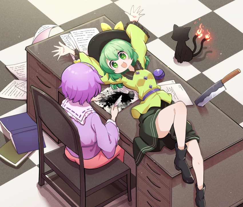 2girls black_cat black_hat book buttons cat chair commentary desk diamond_button eyeball fire flame-tipped_tail frilled_shirt_collar frilled_sleeves frills full_body futa_(nabezoko) green_eyes green_hair green_skirt hairband hat holding holding_quill ink ink_splatter inkwell kaenbyou_rin kaenbyou_rin_(cat) knee_up knife koishi_day komeiji_koishi komeiji_satori long_sleeves looking_at_another lying multiple_girls multiple_tails on_back on_chair on_desk open_book open_mouth outstretched_arms paper pink_skirt prank purple_hair purple_shirt quill ribbon-trimmed_collar ribbon_trim shirt short_hair siblings sisters sitting skirt smile spill tail tareme third_eye touhou two_tails wide_sleeves yellow_shirt