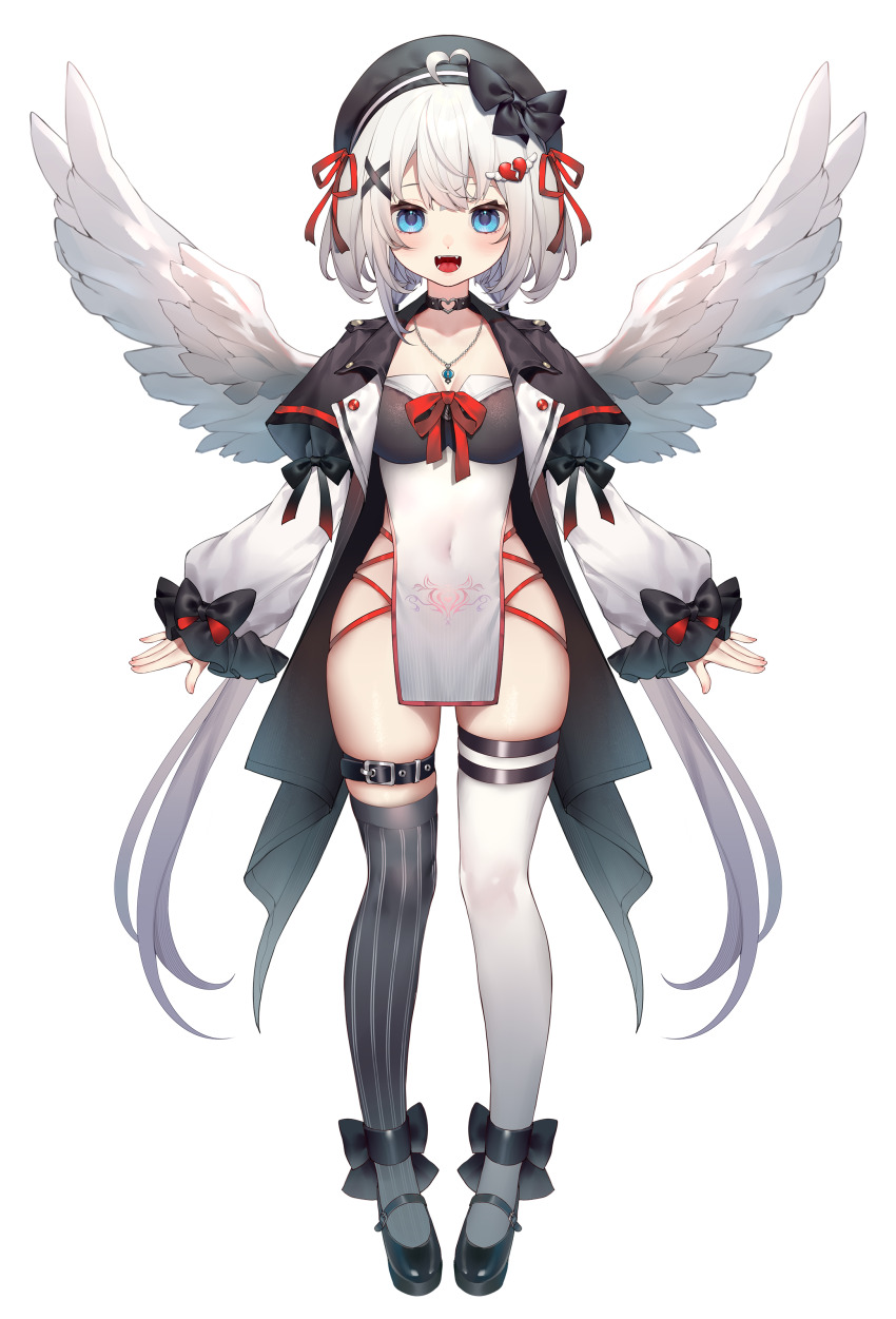 1girl :d absurdres angel_wings ankle_bow ankle_ribbon asymmetrical_legwear belt beret black_belt black_bow black_choker black_coat black_hat black_shoes black_thighhighs blue_eyes bow bowtie breasts broken_heart broken_heart_hair_ornament choker cleavage coat covered_navel dress fangs feathered_wings full_body hair_bow hair_ornament hair_ribbon hat heart heart_o-ring heart_ring_choker highres jewelry leg_ribbon long_hair long_sleeves looking_at_viewer low_twintails mary_janes medium_breasts mismatched_legwear moriyama_meiko necklace o-ring o-ring_choker official_art open_clothes open_coat open_mouth pelvic_curtain pinstripe_thighhighs pubic_tattoo_through_clothing puffy_long_sleeves puffy_sleeves red_bow red_bowtie red_ribbon ribbon shoes short_dress skindentation smile solo standing stardust_project straight-on tachi-e teeth thigh_belt thigh_strap thighhighs tongue transparent_background twintails very_long_hair virtual_youtuber viry_(stardust_project) white_dress white_hair white_sleeves white_thighhighs white_wings wings x_hair_ornament