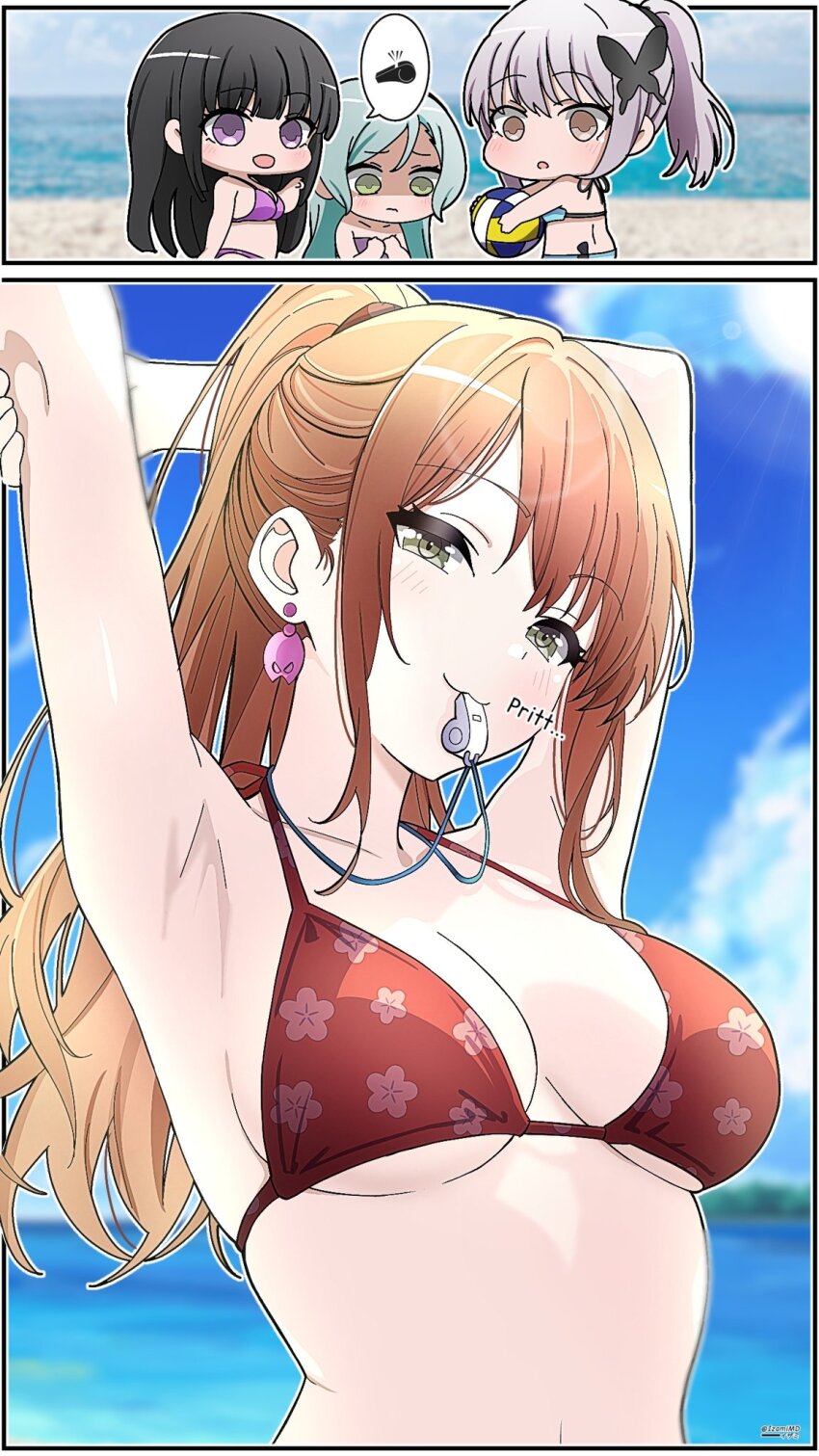 4girls :3 aqua_hair arms_up bang_dream! beach bikini black_hair blowing_whistle blue_bikini breasts brown_eyes brown_hair commentary earrings english_commentary green_eyes grey_hair half_updo highres hikawa_sayo imai_lisa izami_md jewelry long_hair medium_breasts minato_yukina mouth_hold multiple_girls navel purple_bikini purple_eyes red_bikini shirokane_rinko sidelocks smile stomach swimsuit underboob whistle