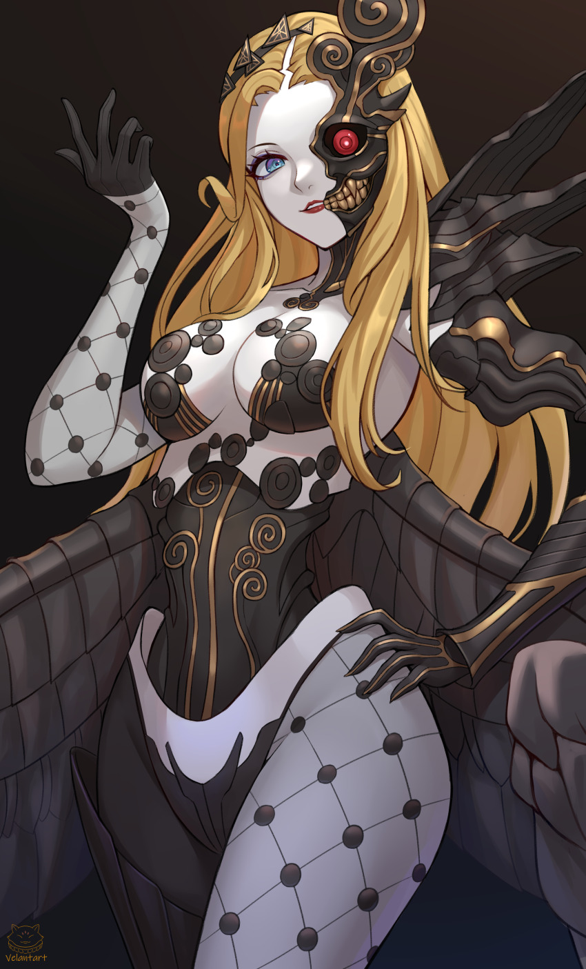 1girl absurdres arm_up black_wings blonde_hair blue_eyes breasts colored_skin commentary_request demon_(megami_tensei) eyeshadow hand_on_own_hip highres large_breasts long_hair makeup naamah_(megami_tensei) purple_eyeshadow red_lips shin_megami_tensei shin_megami_tensei_v shin_megami_tensei_v:_vengeance solo velantart white_skin wings