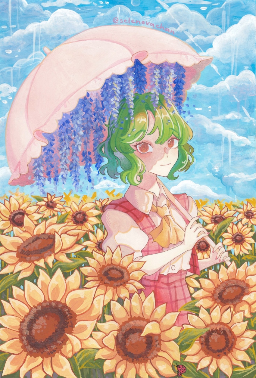 1girl absurdres acrylic_paint_(medium) ascot blue_flower blue_sky closed_mouth commentary english_commentary flower green_hair highres holding holding_umbrella kazami_yuuka looking_at_viewer outdoors painting_(medium) parasol plaid_clothes plaid_skirt plaid_vest red_eyes red_skirt red_vest selenenovachan shirt short_hair short_sleeves skirt sky smile solo sunflower touhou traditional_media twitter_username umbrella umbrella_flower vest white_shirt yellow_ascot yellow_flower