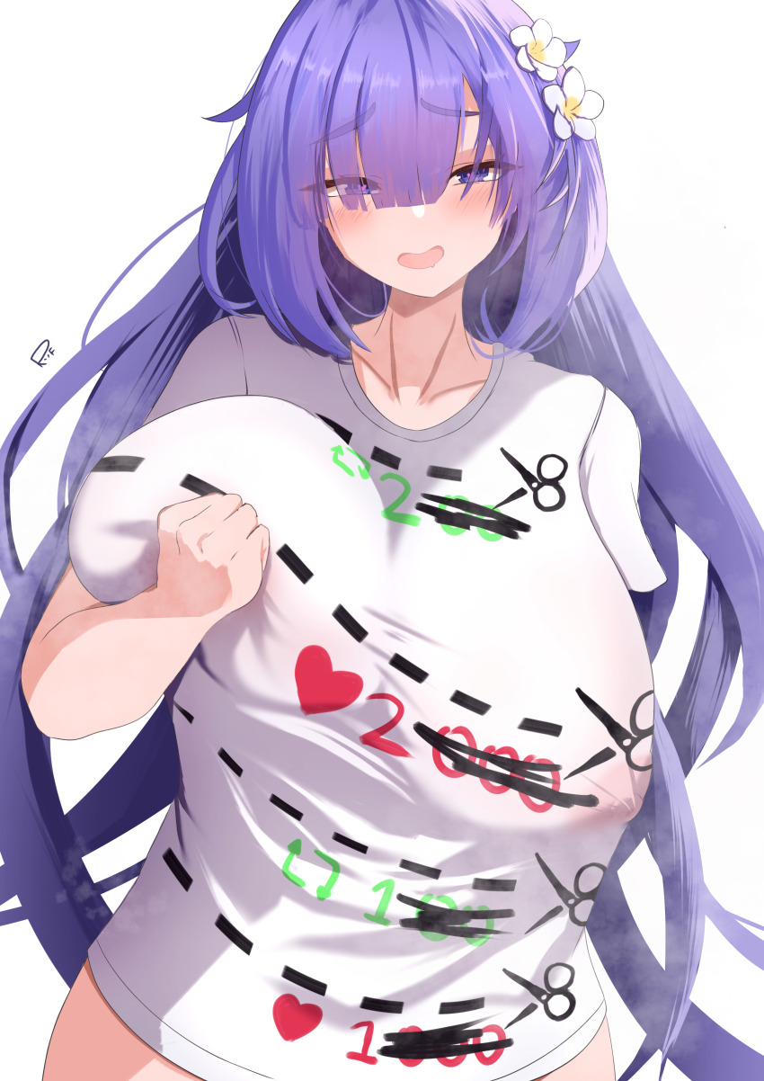 1girl absurdres azur_lane blush breasts collarbone covered_erect_nipples cut-here_line flower grabbing_own_breast hair_flower hair_ornament hand_up heart heart-shaped_pupils highres huge_breasts like_and_retweet long_hair looking_at_viewer meme mogador_(azur_lane) open_mouth purple_eyes riflech shirt signature simple_background solo symbol-shaped_pupils twitter_cutting_game twitter_strip_game very_long_hair white_background white_flower white_shirt