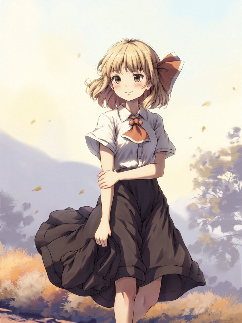 1girl ascot black_skirt blonde_hair blush feet_out_of_frame hair_ribbon hand_on_own_arm highres holding holding_unworn_clothes kinoniku looking_afar red_ascot ribbon rumia shirt short_hair short_sleeves skirt smile solo standing touhou unworn_vest vest white_shirt yellow_eyes