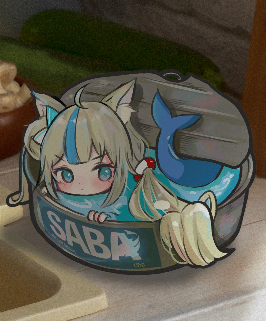 1girl ahoge animal_ear_fluff animal_ears blonde_hair blue_eyes blue_hair blush can cat_ears fins fish_tail hair_ornament highres indie_virtual_youtuber lin_shuang long_hair multicolored_hair sameko_saba solo tail two-tone_hair very_long_hair virtual_youtuber water