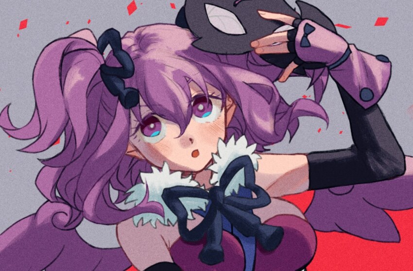 1girl battle_of_blood blush breasts ceefore_(disgaea) commentary_request disgaea elbow_gloves fingerless_gloves gloves holding holding_mask large_breasts long_hair looking_at_viewer makai_senki_disgaea_7 mask open_mouth purple_eyes purple_hair solo unworn_mask upper_body wings