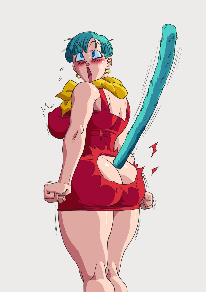 1girl absurdres ahegao ass blue_fur blue_hair blush breasts bulma butt_crack dragon_ball dress earrings highres jewelry large_breasts lipstick makeup nipples red_dress scarf tail thick_thighs thighs torn_clothes vanbrand