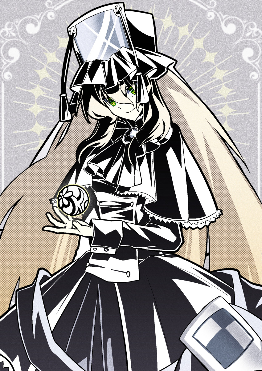 1girl absurdres amulet dress eternalcompass green_eyes highres long_hair looking_at_viewer mahou_shoujo_madoka_magica mahou_shoujo_oriko_magica mikuni_oriko orb purple_background solo very_long_hair white_dress white_hair