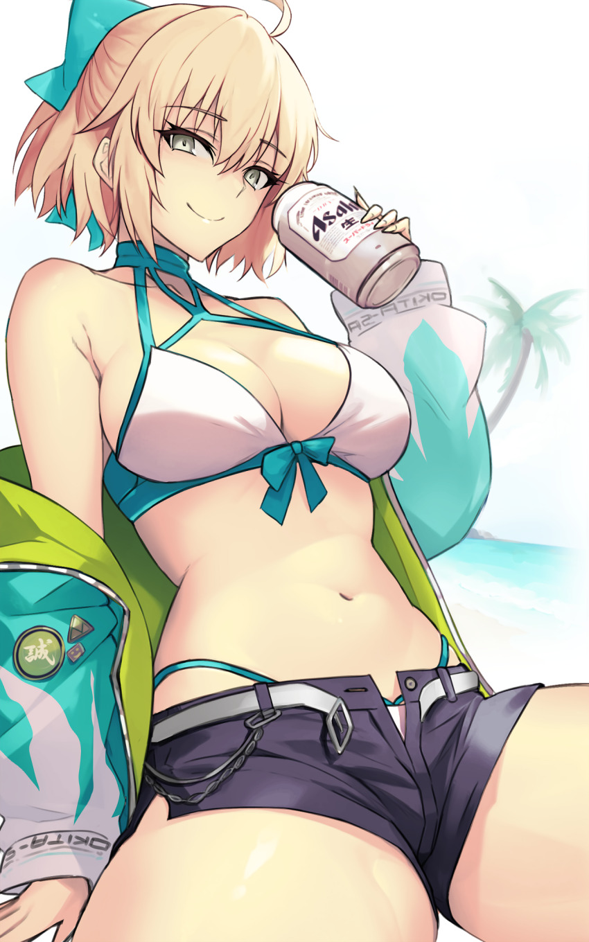 1girl ahoge aqua_bow bare_shoulders beer_can bikini blonde_hair bow breasts can cleavage collarbone drink_can dynamitenatalia fate/grand_order fate_(series) hair_bow half_updo highres jacket large_breasts long_sleeves looking_at_viewer off_shoulder okita_j._souji_(fate) okita_j._souji_(third_ascension)_(fate) okita_souji_(fate) short_hair shorts smile solo swimsuit thighs white_bikini yellow_eyes