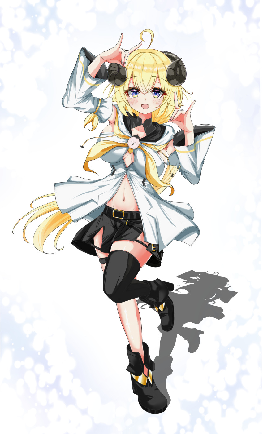 1girl absurdres ahoge alternate_costume animal_ears black_shoes black_shorts black_thighhighs blonde_hair breasts cosplay double_fox_shadow_puppet fox_shadow_puppet highres hololive hood hoodie horns inokeiwd large_breasts long_hair looking_at_viewer navel open_mouth purple_eyes shadow sheep_ears sheep_girl sheep_horns shirakami_fubuki shirakami_fubuki_(1st_costume) shirakami_fubuki_(cosplay) shoes shorts smile solo thigh_strap thighhighs tsunomaki_watame very_long_hair virtual_youtuber white_background white_hoodie