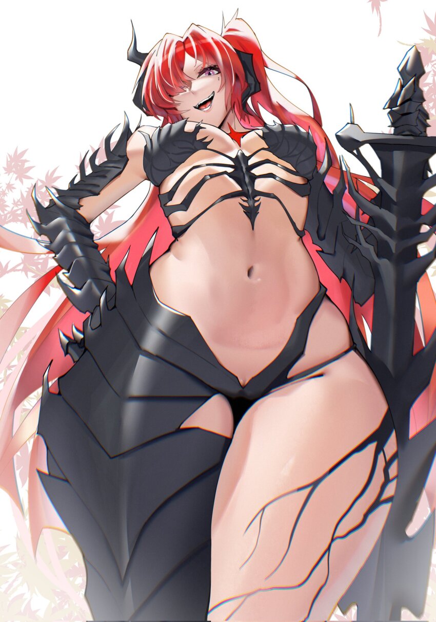1girl armor asymmetrical_horns black_armor breasts clawed_gauntlets clawed_hands dragon_girl from_below gauntlets hair_over_one_eye hand_on_own_hip highres holding holding_sword holding_weapon horns japanese_maple leaf long_hair maple_leaf medium_breasts mole mole_under_eye navel one_eye_covered open_mouth original pi_pi pink_eyes pussy pussy_peek red_hair revealing_armor side_ponytail smile solo sword thigh_gap very_long_hair weapon white_background wide_hips