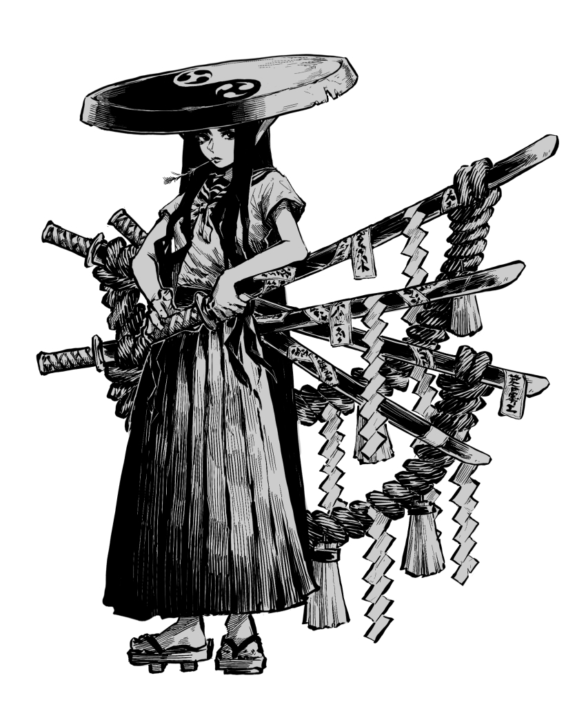 1girl absurdres bare_arms chin_strap commentary fighting_stance full_body geta greyscale highres holding holding_sword holding_weapon long_hair long_skirt looking_at_viewer making-of_available mitsudomoe_(shape) monochrome mouth_hold multiple_swords neckerchief original pleated_skirt ready_to_draw rope sandogasa school_uniform serafuku sheath sheathed shide shirt_tucked_in short_sleeves simple_background skirt solo stalk_in_mouth standing sword sword_on_back tomoe_(symbol) very_long_hair weapon weapon_on_back yin_yang zero808w