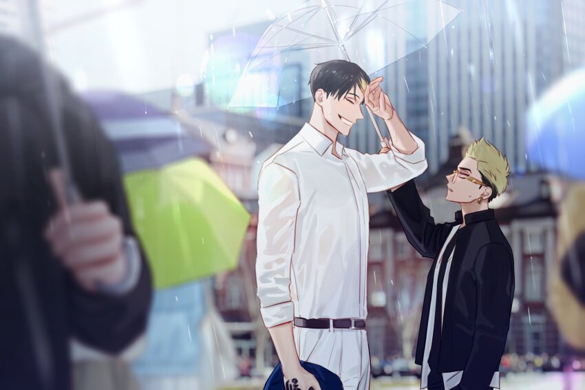 100dnch 2boys ^_^ belt black_belt black_hair black_jacket blonde_hair closed_eyes collared_shirt cowboy_shot day earrings glasses hand_tattoo hand_up hanma_shuuji highres holding holding_jacket holding_unworn_clothes jacket jewelry kisaki_tetta long_sleeves looking_at_another male_focus multicolored_hair multiple_boys outdoors pants shirt short_hair single_earring smile spiked_hair standing sweatdrop tattoo tokyo_revengers two-tone_hair undercut unworn_jacket wet wet_clothes wet_shirt white_pants white_shirt